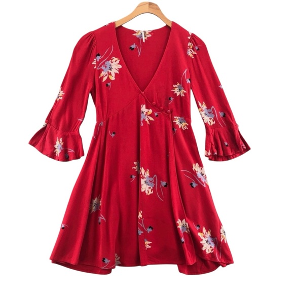 Free People "Time On My Side" Red Floral Print Wrap Dress - Picture 2 of 7